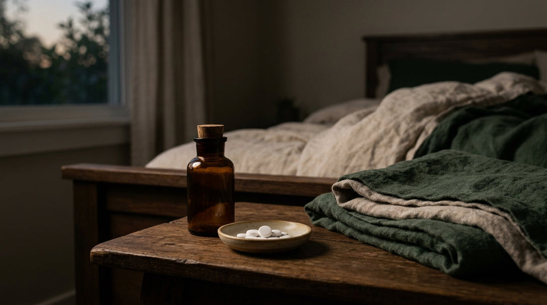 A ten milligram melatonin bottle on a nightstand beside a dim lamp and a glass of water