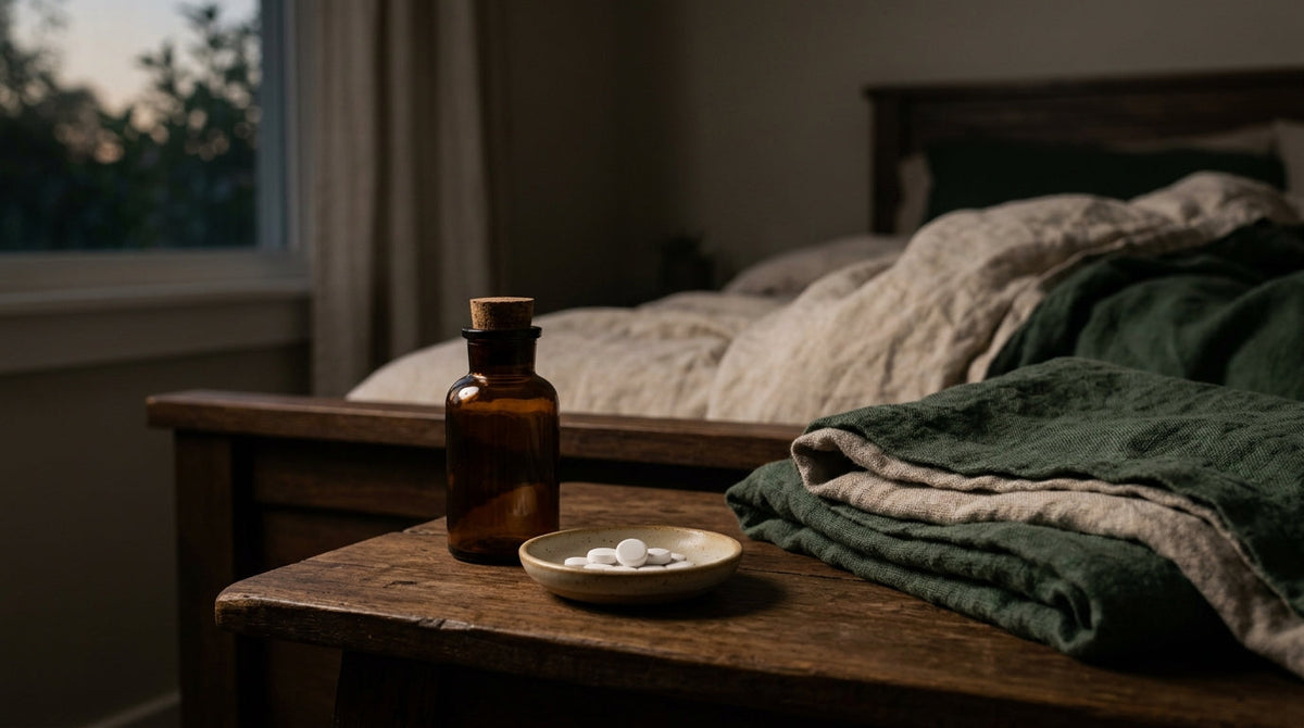 A ten milligram melatonin bottle on a nightstand beside a dim lamp and a glass of water