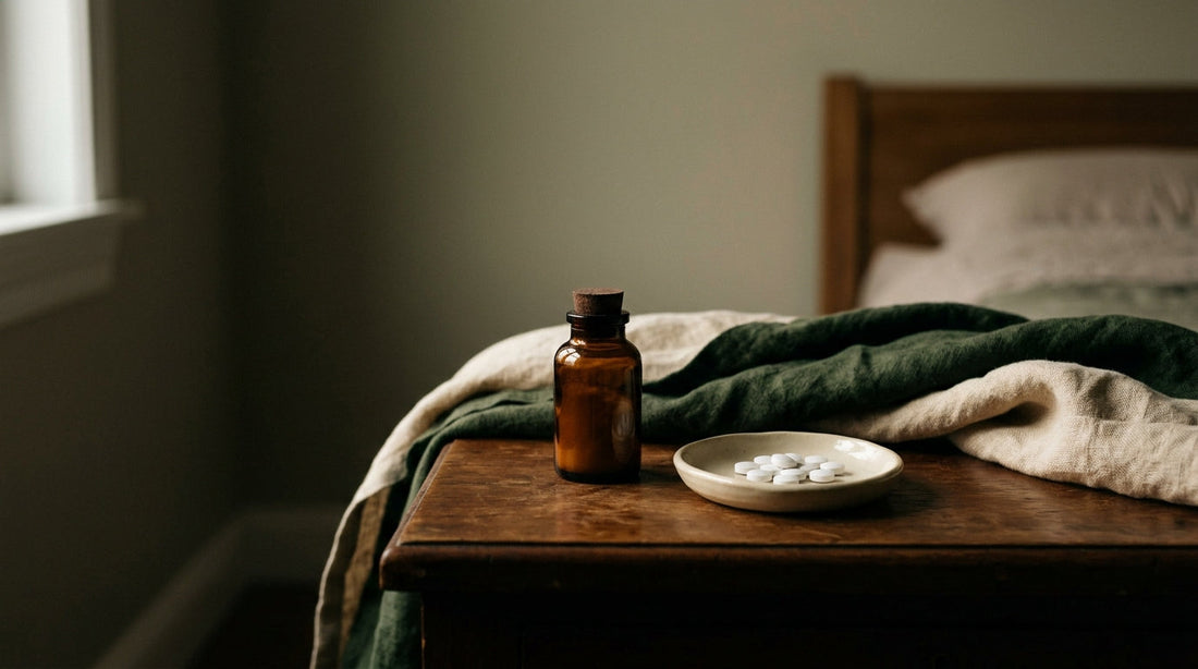 Melatonin gummies spilled from an open bottle next to a child's nightlight in a dim room