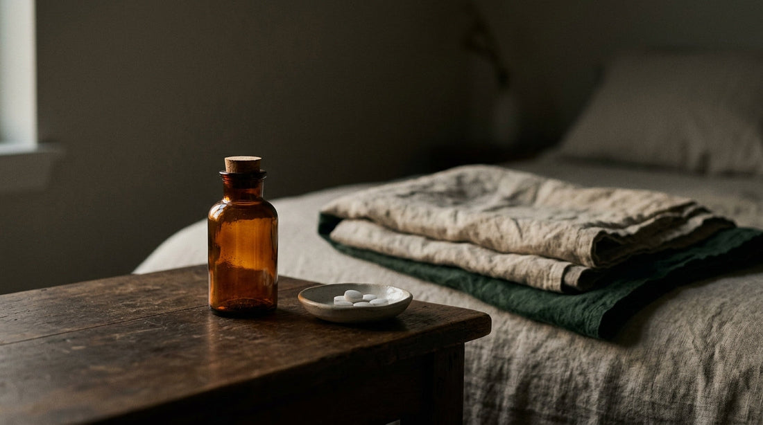 A melatonin bottle and a box of nighttime cold medicine side by side on a bathroom counter