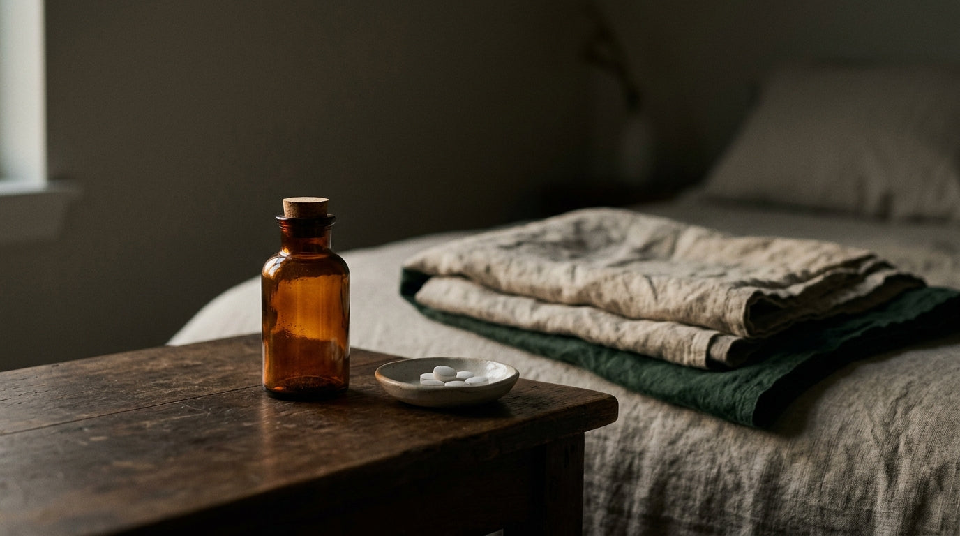 A melatonin bottle and a box of nighttime cold medicine side by side on a bathroom counter