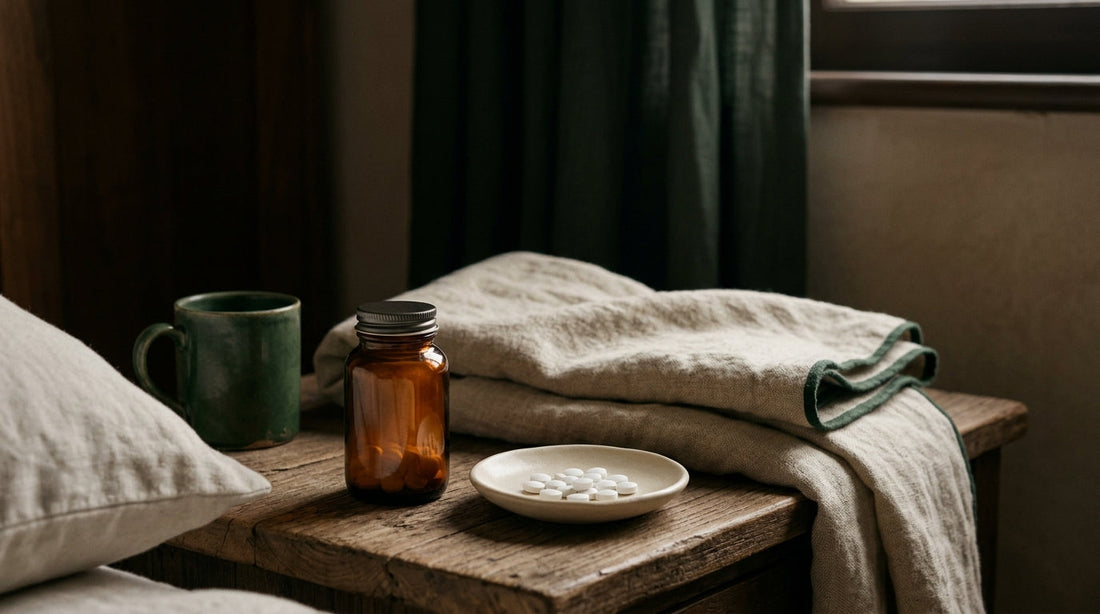 A melatonin bottle with a printed best-by date next to a calendar on a nightstand