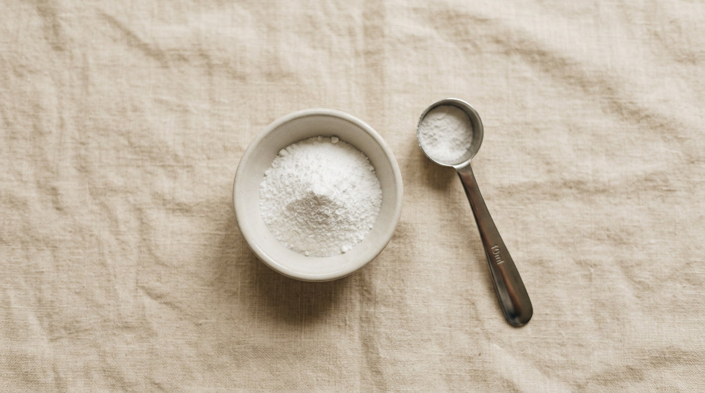 White creatine powder in a ceramic dish beside a stainless steel measuring scoop on cream linen