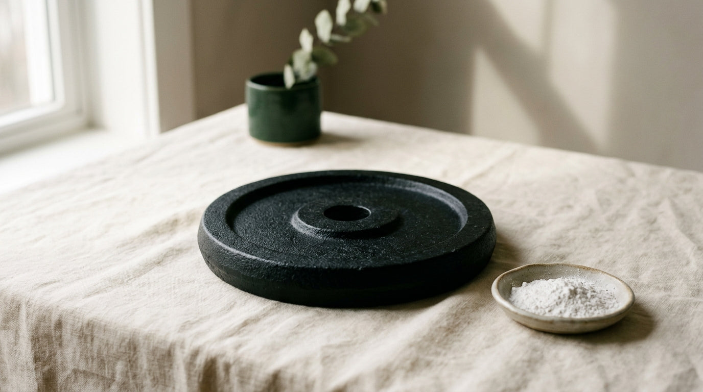 A cast-iron weight plate on cream linen beside a small dish of fine white powder