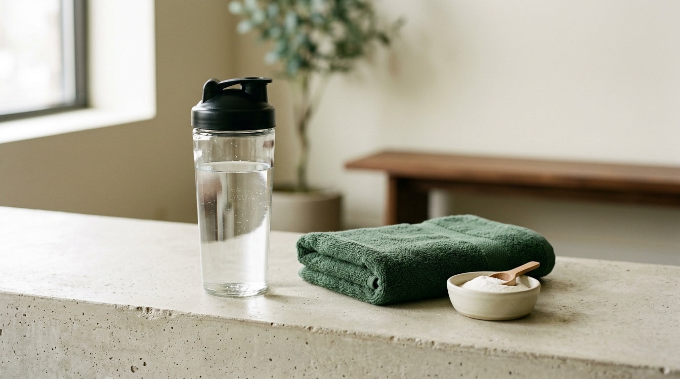 A glass shaker bottle of water beside a folded towel and a dish of white powder