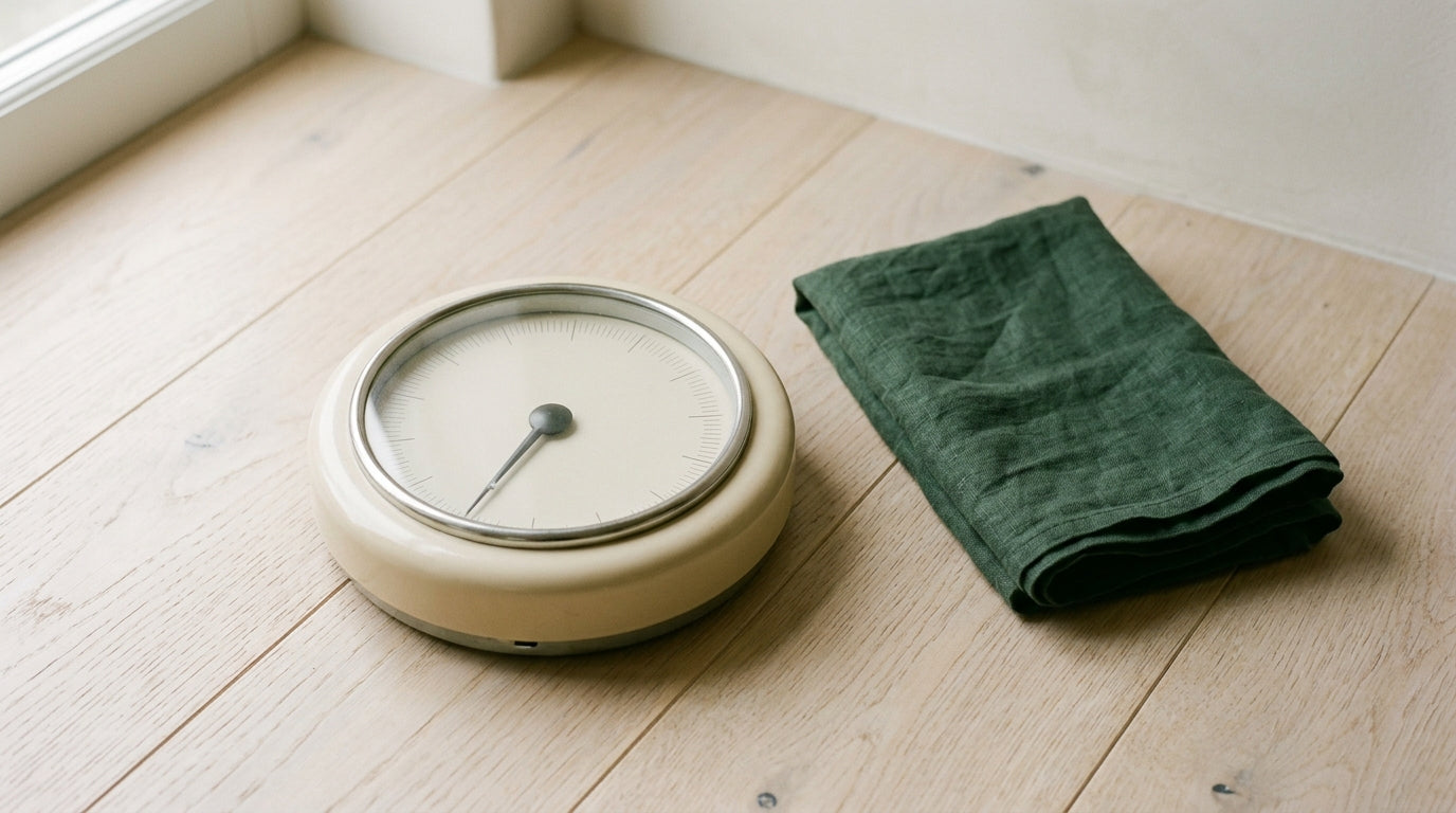 An analogue bathroom scale on a pale wooden floor beside a folded linen towel