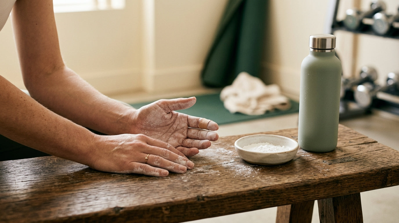 Chalked hands resting on a wooden gym bench beside a dish of white powder and a water bottle