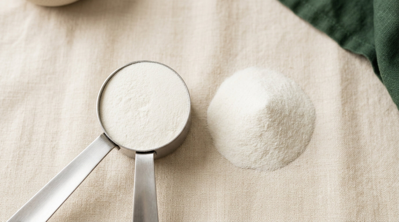 A level stainless steel measuring scoop of white powder beside a small mound of the same powder