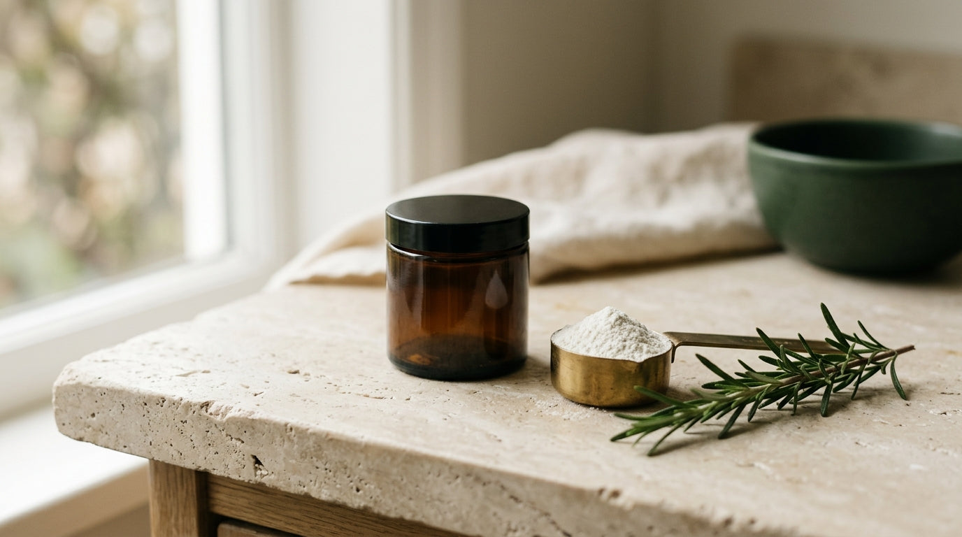 A small amber glass jar and a scoop of white powder on a pale stone worktop with green herbs