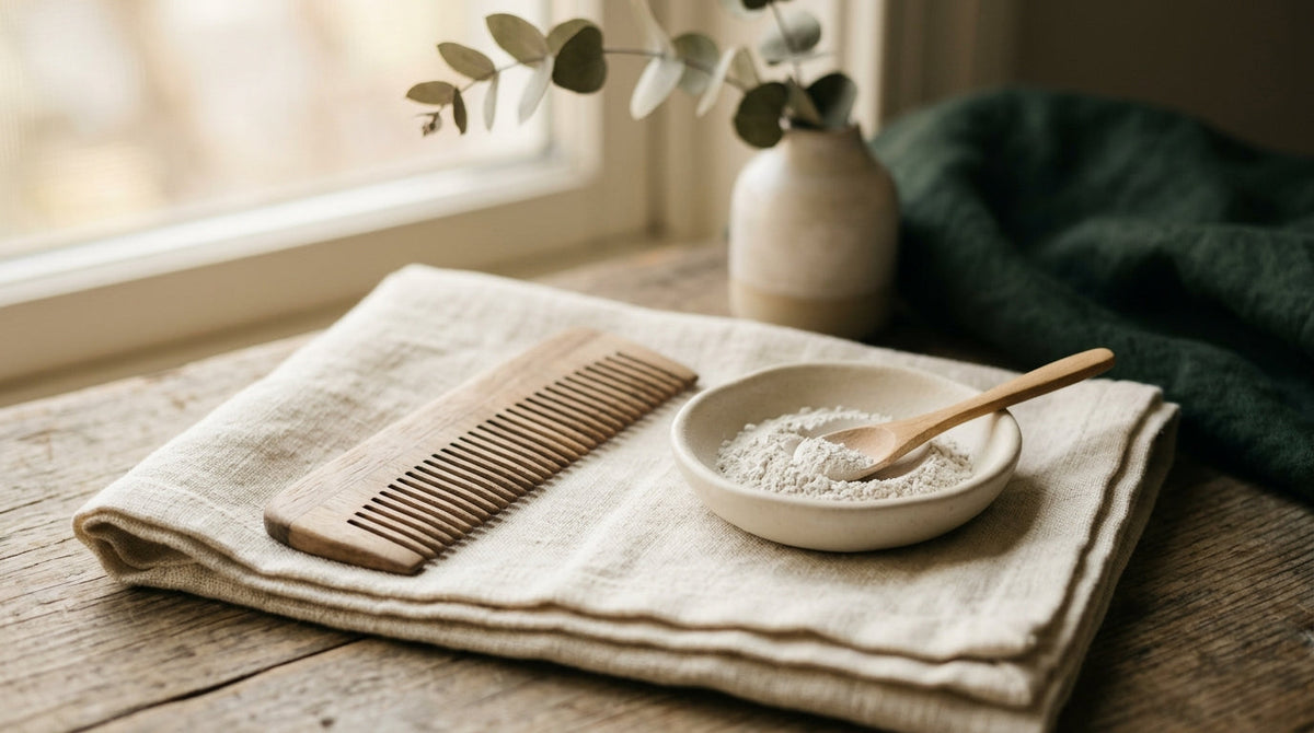 A wooden comb resting on folded cream linen beside a small dish of white powder