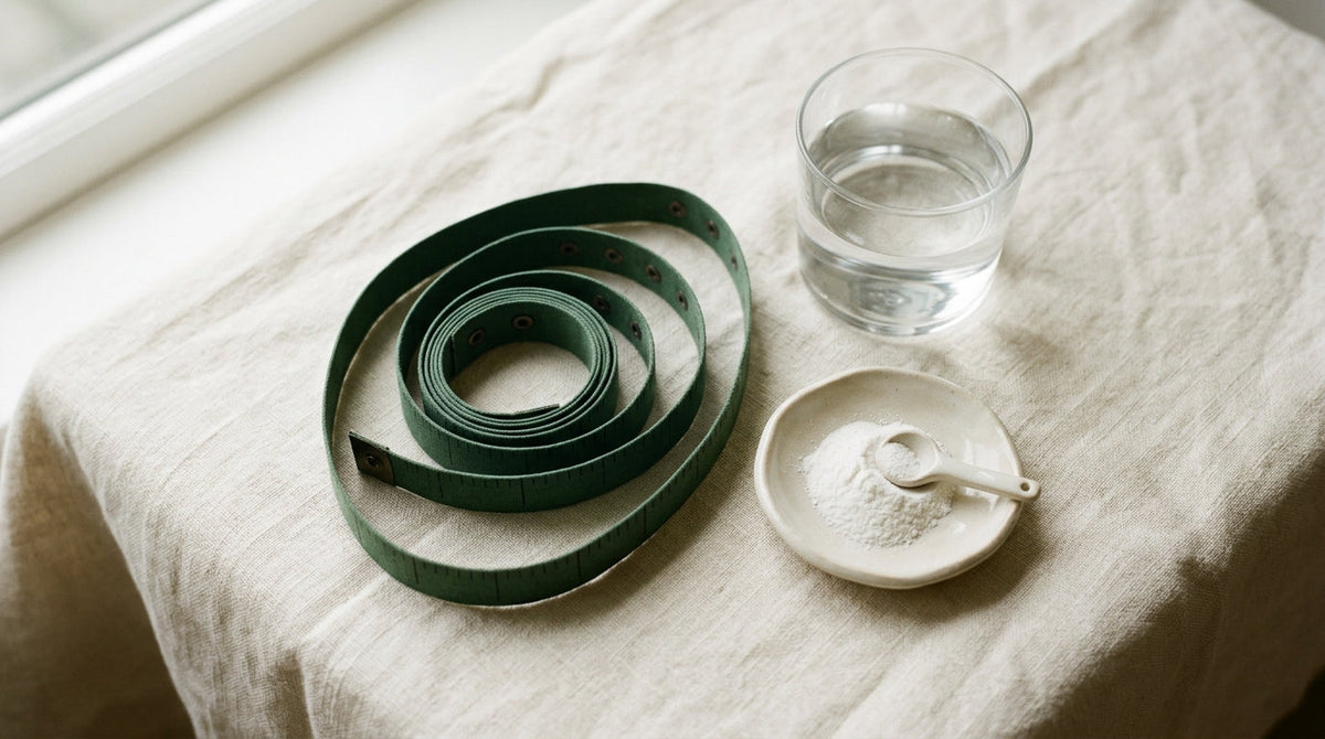 A cloth tape measure coiled on cream linen beside a dish of white powder and a glass of water