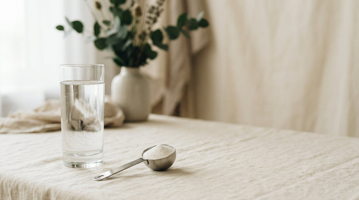 A tall glass of water and a steel scoop of white powder on a cream linen surface