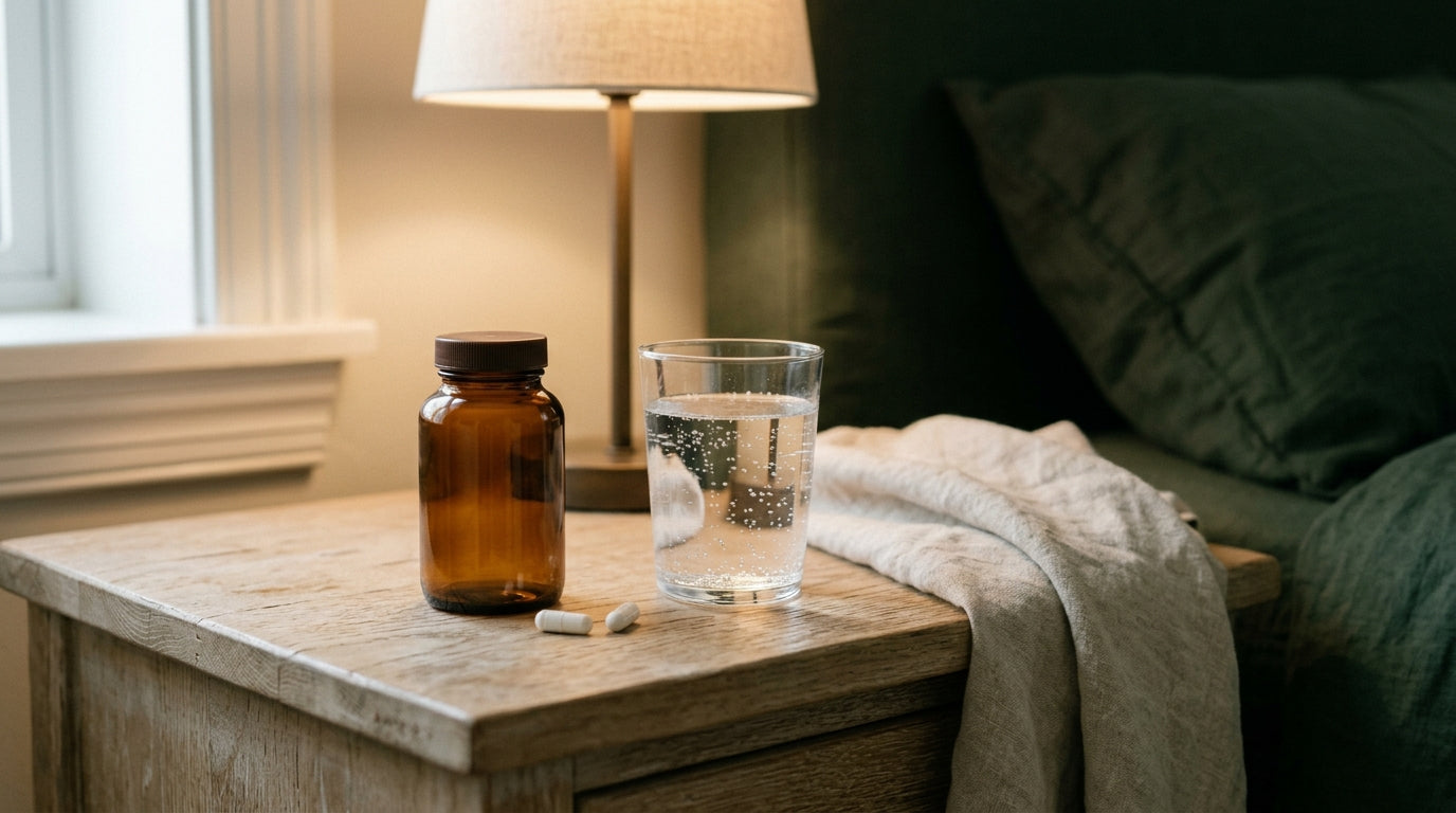 An unlabelled amber bottle and two white capsules on a wooden nightstand in soft evening lamplight