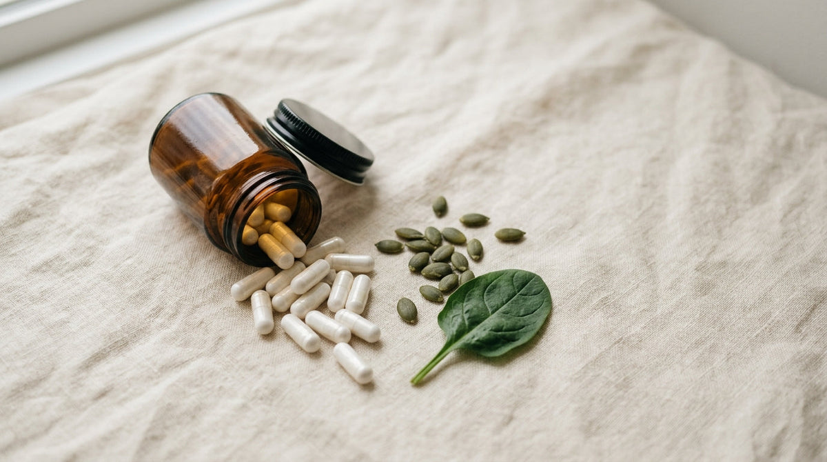 White supplement capsules spilling from an amber glass jar onto cream linen beside pumpkin seeds and a spinach leaf