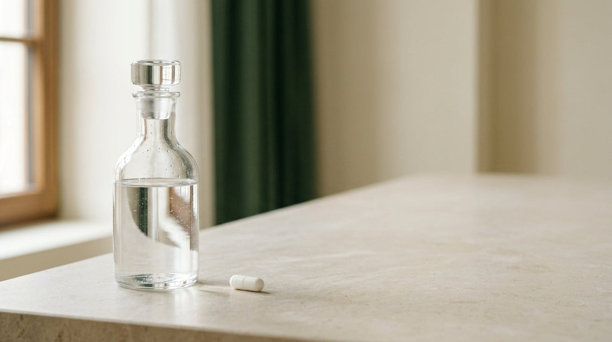 A clear water carafe and a single white capsule on a pale stone surface in soft daylight