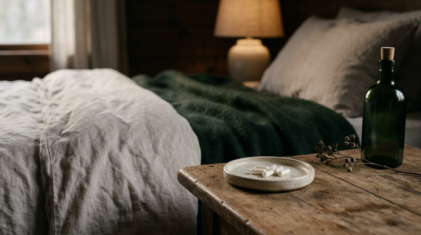 White capsules in a small ceramic dish on a wooden bedside table in warm low evening light
