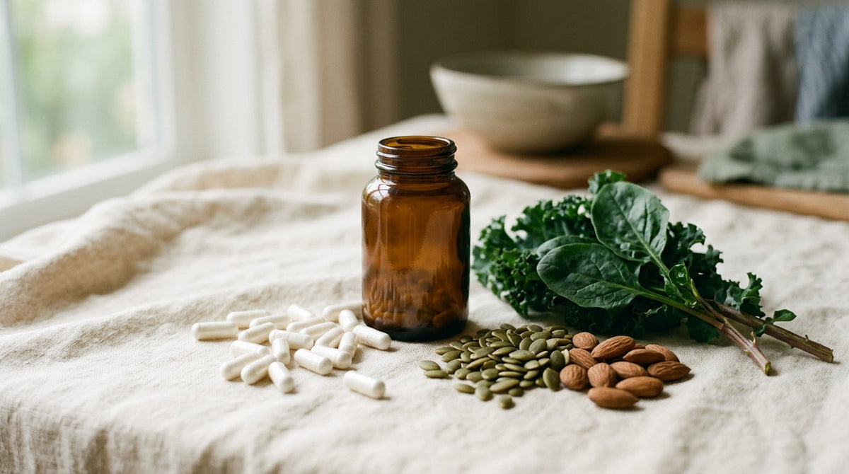 White supplement capsules and an amber glass bottle on cream linen beside pumpkin seeds, almonds and leafy greens