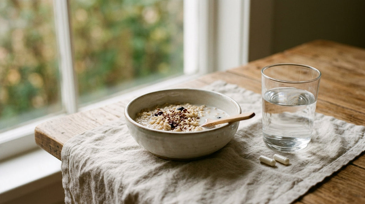 A bowl of oats, a glass of water and two white capsules on cream linen in soft morning light