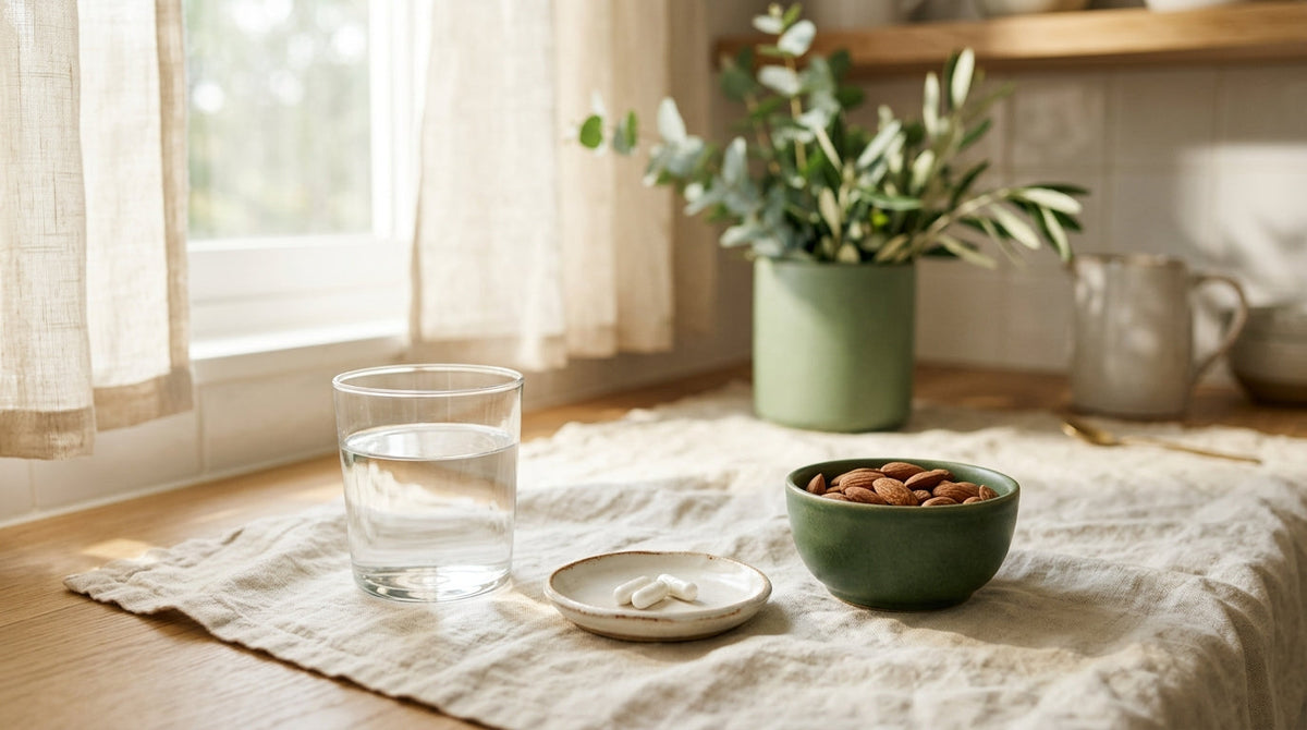 Sunlight across a cream linen cloth with a glass of water, a dish holding two white capsules and a bowl of almonds