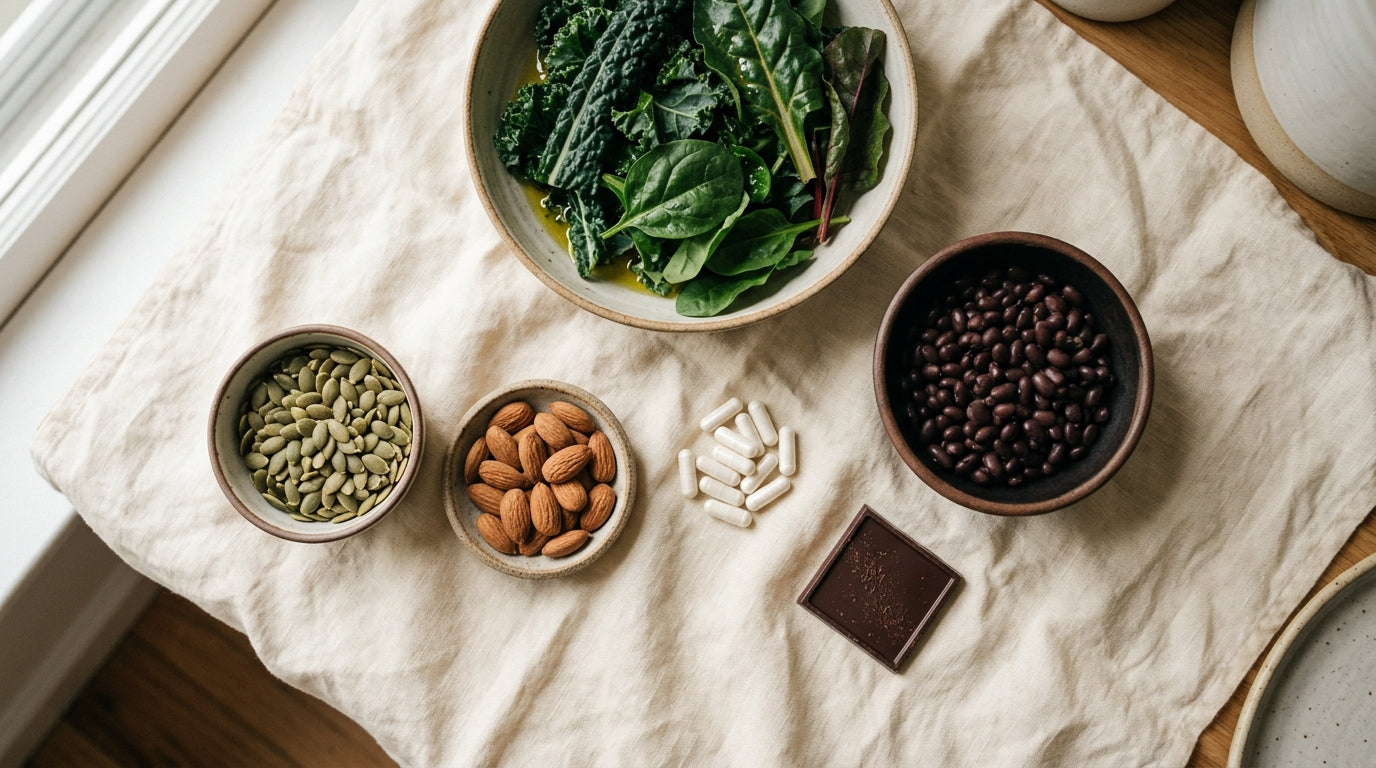 Pumpkin seeds, almonds, black beans, dark leafy greens and dark chocolate arranged with white capsules on cream linen