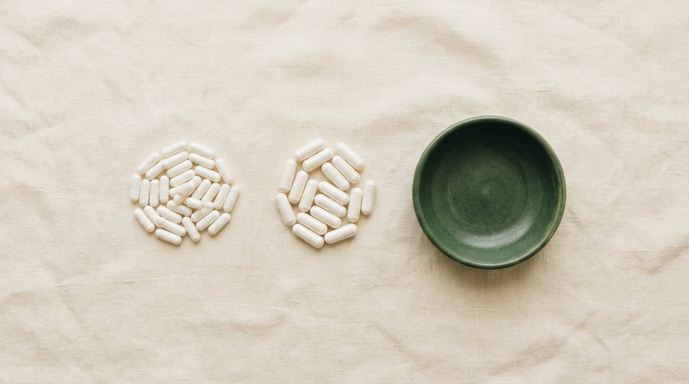 Two neat piles of white supplement capsules of different sizes beside a green ceramic dish on cream linen
