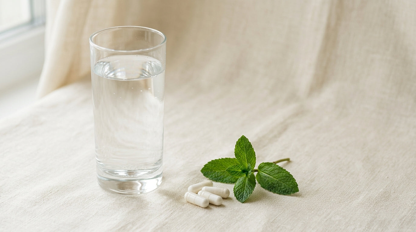 A tall glass of water beside white capsules and a sprig of mint on a cream linen surface