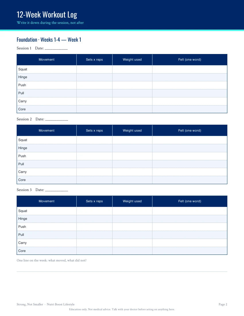 A sample page from the included workout log